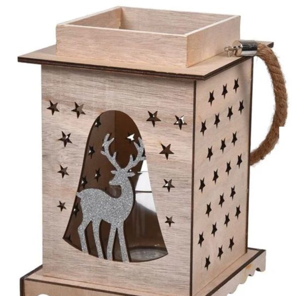 Felinar Decorativ de Craciun din Lemn Cerb Glitter Argintiu 17x17x25cm